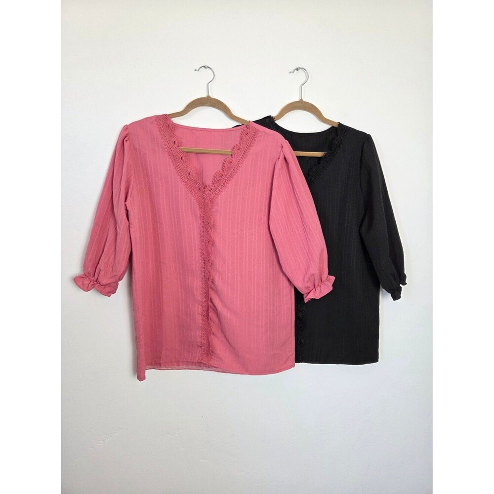 Bundle Of Two Blouse Tops Pink Black Lace Ruffle Academia Literary Chic Lolita L